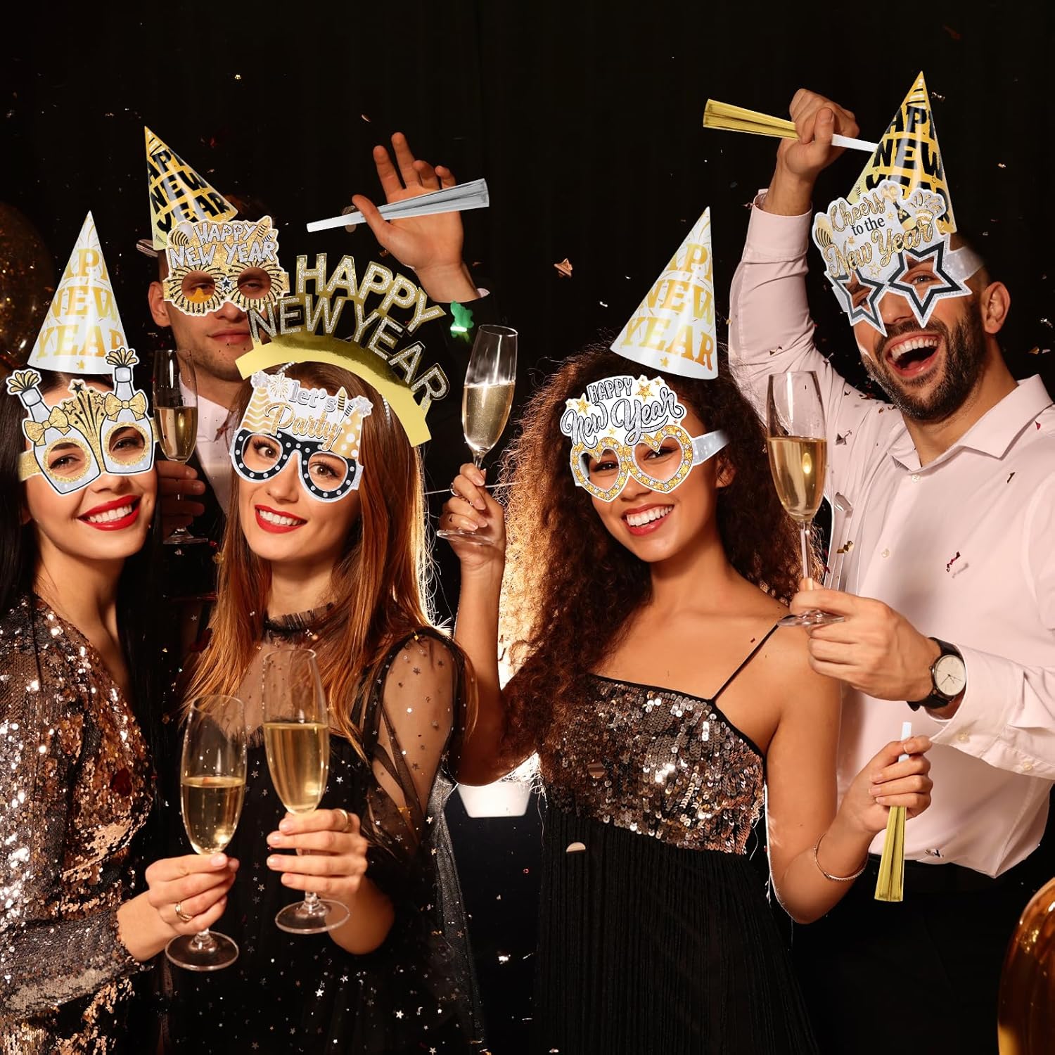 YVAINE 2026 New Year Eve Party Supplies 36pcs Gold Silver Years Eve Decorations Kit - Happy New Year Paper Glasses Headband Cone Hats Noisemaker for 2026 Happy News Year Eve Party Supplies - Image 6