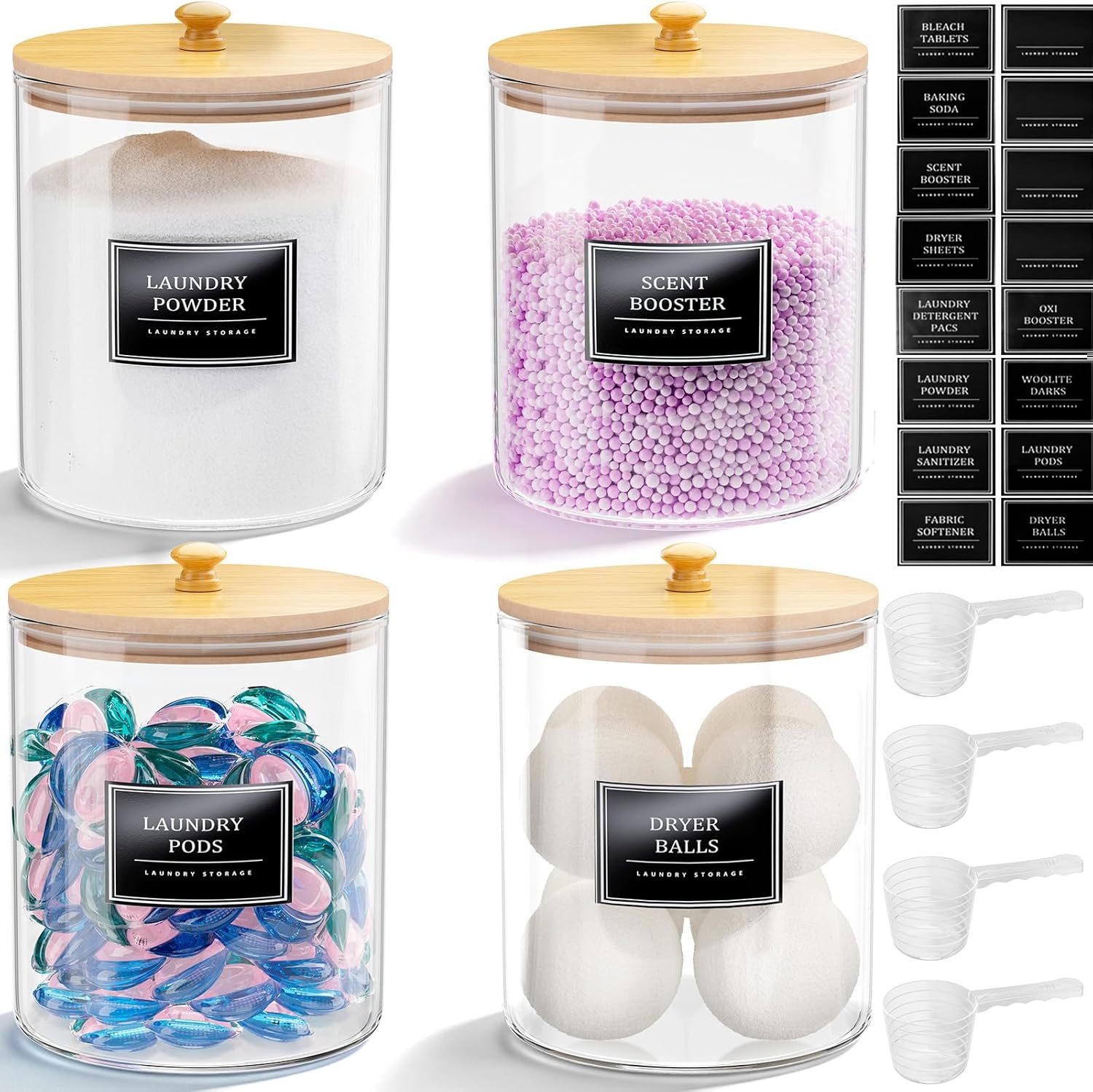3+1 Pack Glass Laundry Pods Container & Acrylic Dryer Sheet Holder, Clear Laundry Room Organization Containers with Bamboo Lids & Labels, Powder Laundry Detergent Container for Scent Booster, Powder