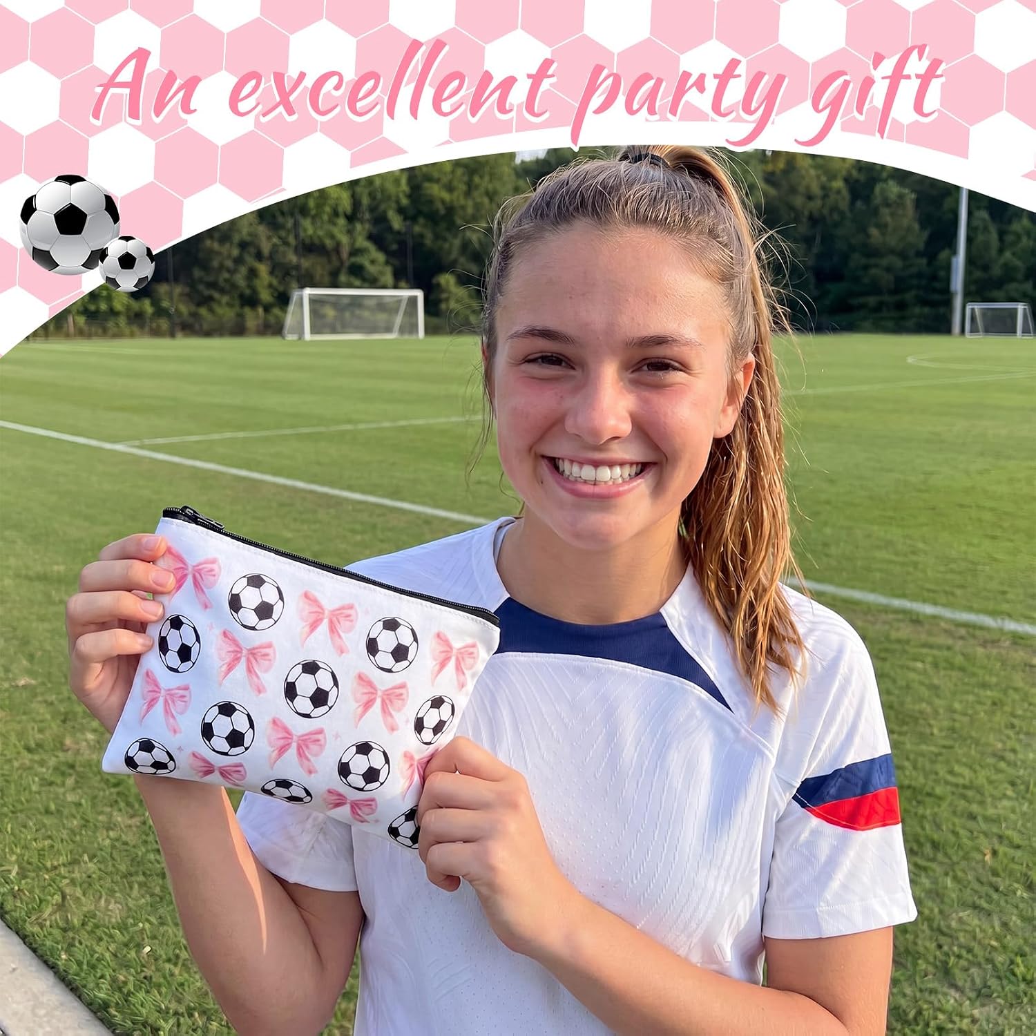 Tallew 12 Pcs Soccer Pink Bow Makeup Bag 7.9” x 5.9” image 4