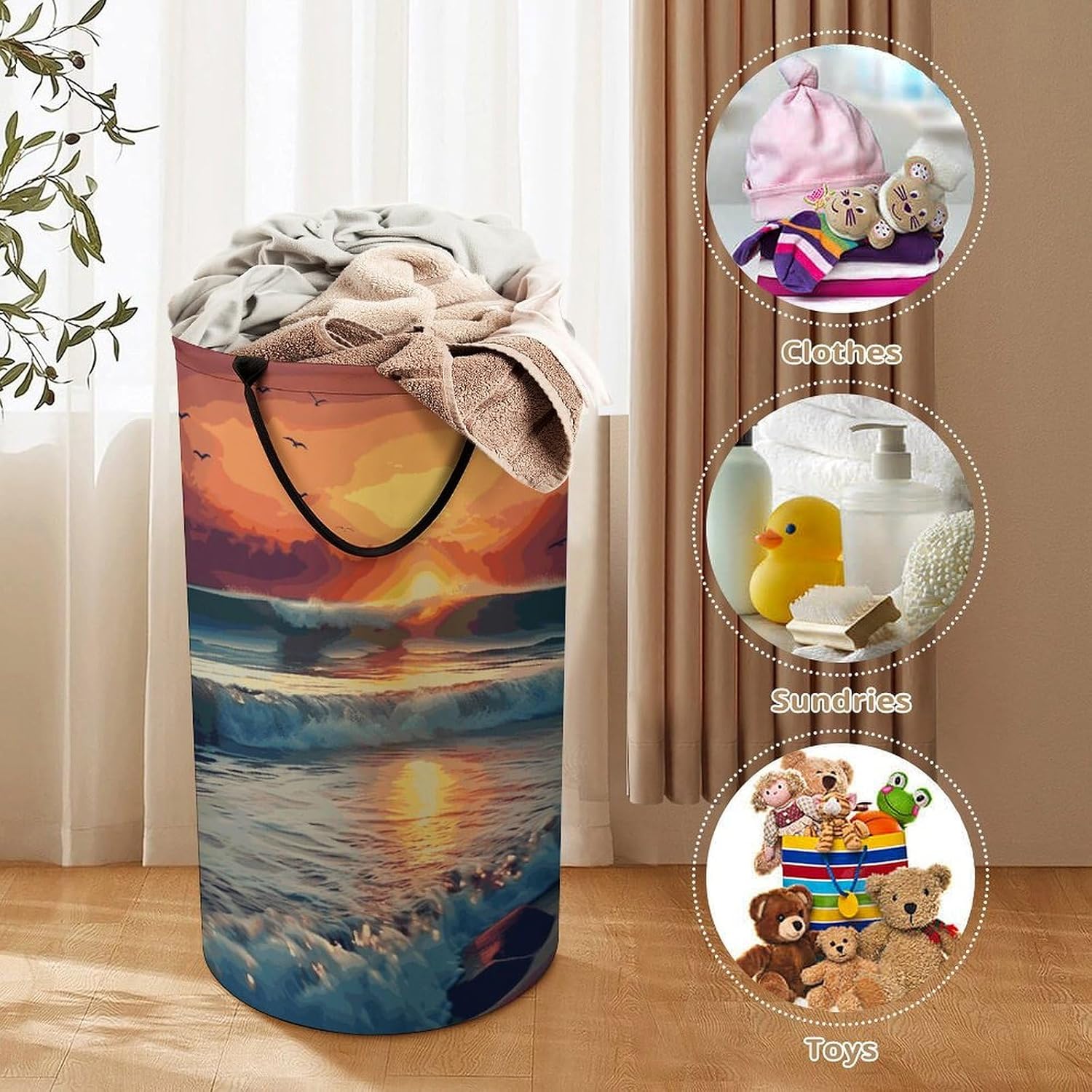 Sunset Seaside Laundry Basket Dirty Clothes Bin, Waterproof Laundry Hamper, Laundry Bag, Clothes Hamper Stands for Bedroom, Towels,Clothings image 3