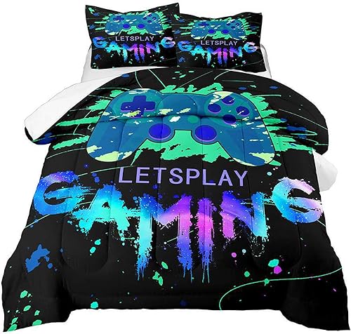 Juego de edredón de juegos esponjoso Conjuntos de ropa de cama para videojuegos Decoración de habitación de juegos Tamaño individual Colorido Negro