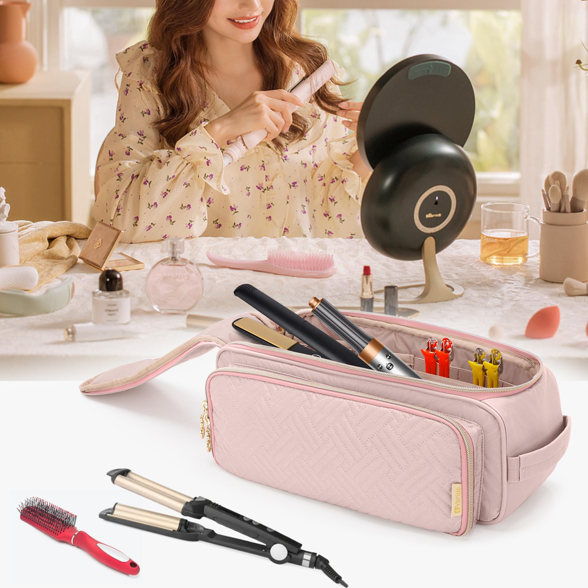 YARWO Bolsa Viaje para Herramientas para el Cabello con Estera Resistente al Calor, Bolsas Organizadoras para Herramientas de Peluquería Compatible con Planchas para el Pelo, Styler y Accesorios, Rosa