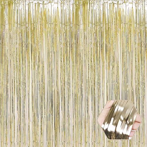 Paquete de 3 cortinas de flecos de papel de aluminio dorado claro, 3.28 pies x 8.2 pies, cortinas metálicas de oropel para cabina de fotos, día del