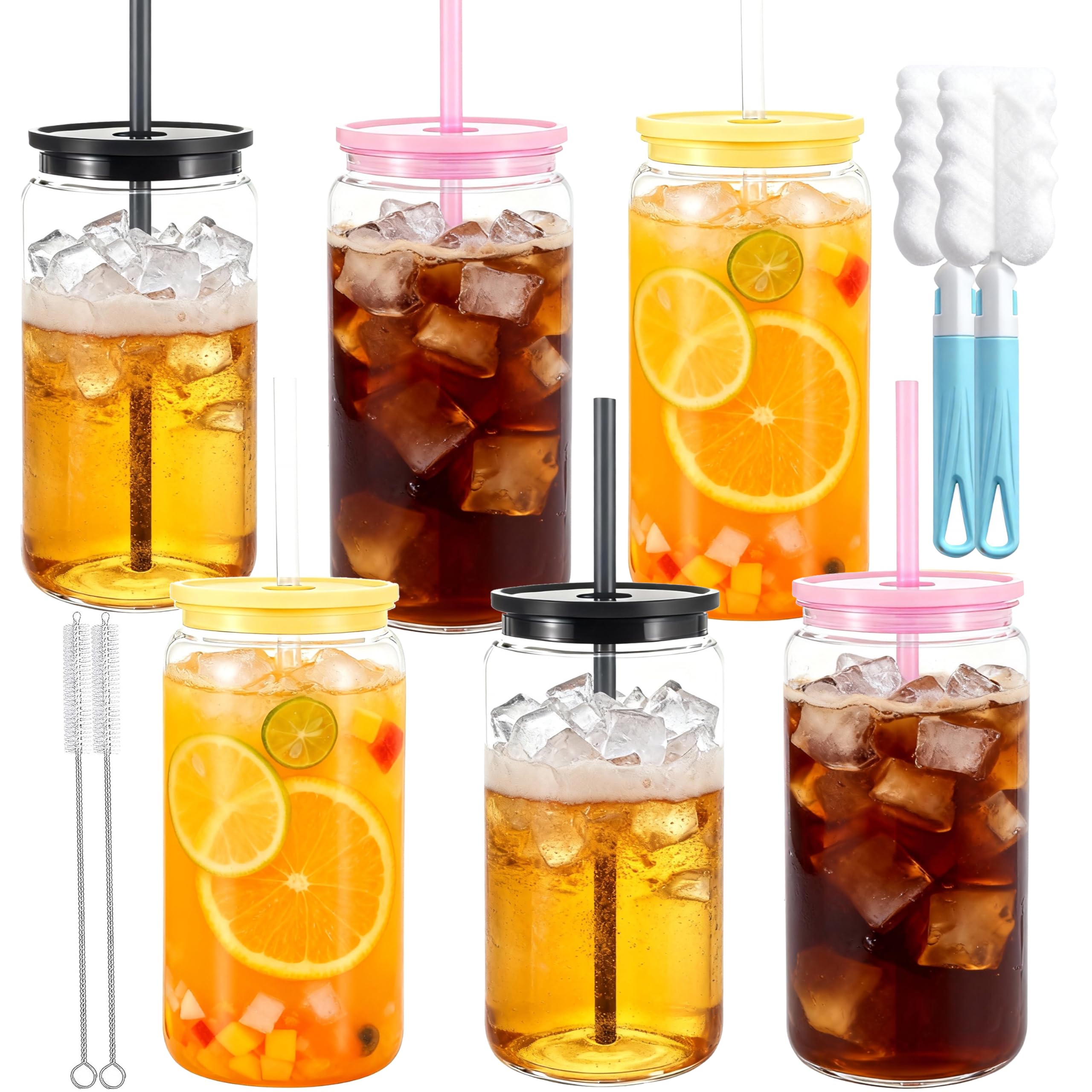 CuppaLifes 500ml Plastic Mason Jars with Lids and Straws, Leak-Proof Reusable Tumblers for Iced Coffee, Cocktails, Smoothies, Juice, Beer, Cold Drinks, 6 Pack (6, Dark)