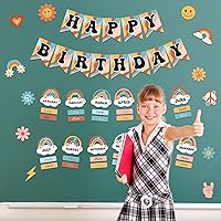 Vista 9 de Juego de 85 tableros de buletin retro para el aula, diseño de arcoíris Groovy, calendario con punta de pegamento para decoración de pared