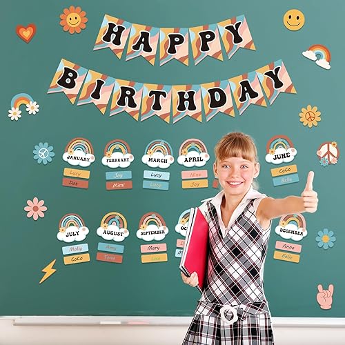 Miniatura 9 de Juego de 85 tableros de buletin retro para el aula, diseño de arcoíris Groovy, calendario con punta de pegamento para decoración de pared de