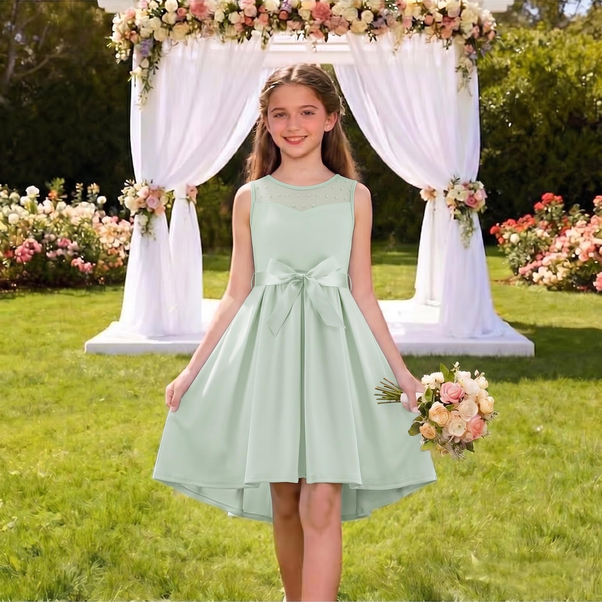 Arshiner Niñas Vestido Sin Mangas Novia Malla Vestidos Verano Formal Festivo Elegante con Cinturón 5-13 años