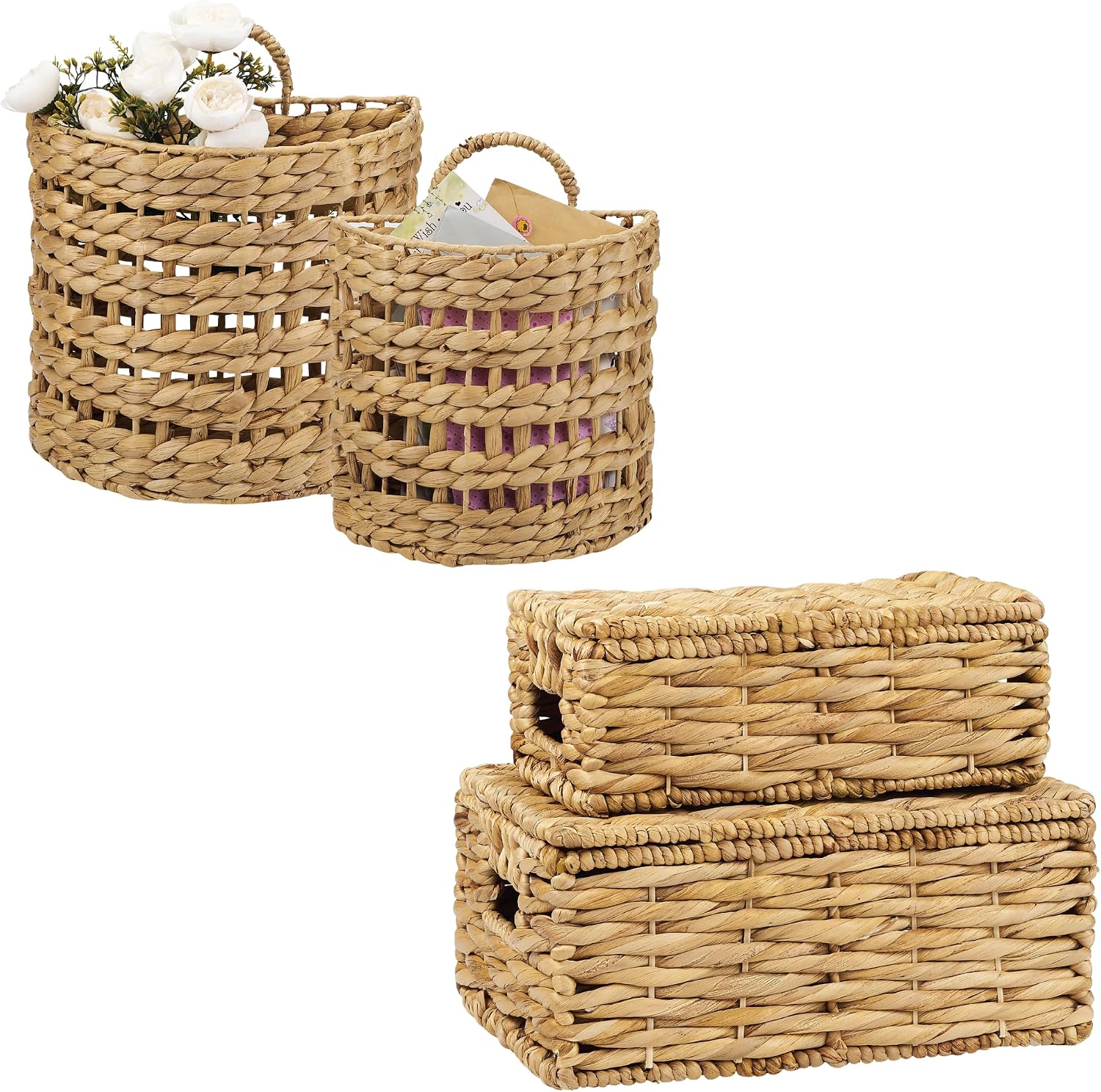 Set of 2 Wicker Hanging Basket and Set of 2 Wicker Baskets with Lid for Organizing