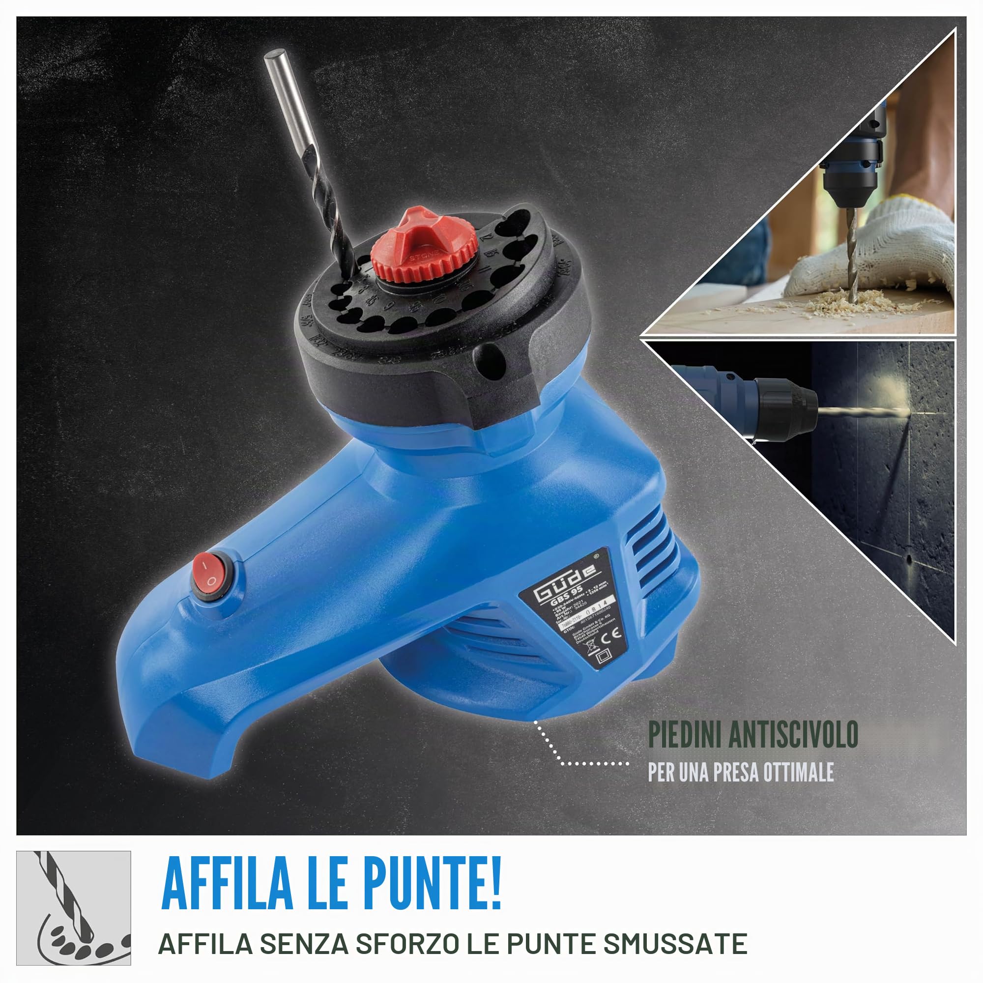 Güde 94420 - Rettificatrice per punte da trapano GBS 95 (90 W, diametro del trapano 3-12 mm, velocità del motore 13501/min, struttura robusta con piedini antiscivolo), colore: blu