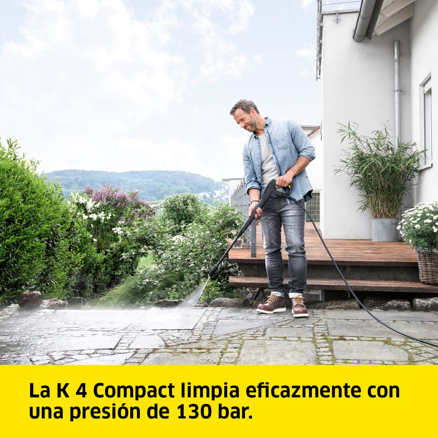Kärcher Hidrolimpiadora K 4 Compact Home, Presión: máx. 130 Bar, Caudal: 420 l/h, Rendimiento: 30 m²/h, Filtro de Agua, Peso: 11 kg, con Limpiadora de Superficie T 5, Detergente de Piedra y Fachadas