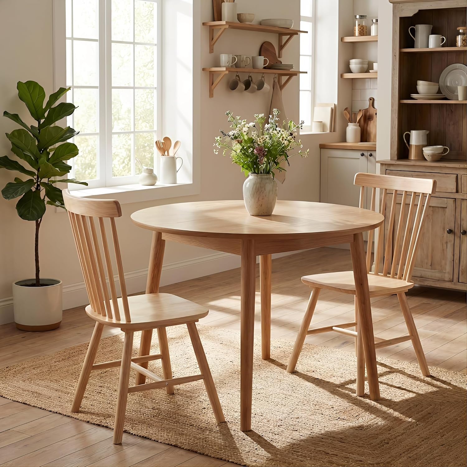 Windsor Dining Chairs Set of 2, French Country Solid Wood Side Chair with Spindle Back, Farmhouse Oak Chair for Home Kitchen/Dining Room/Restaurant/Patio, Natural