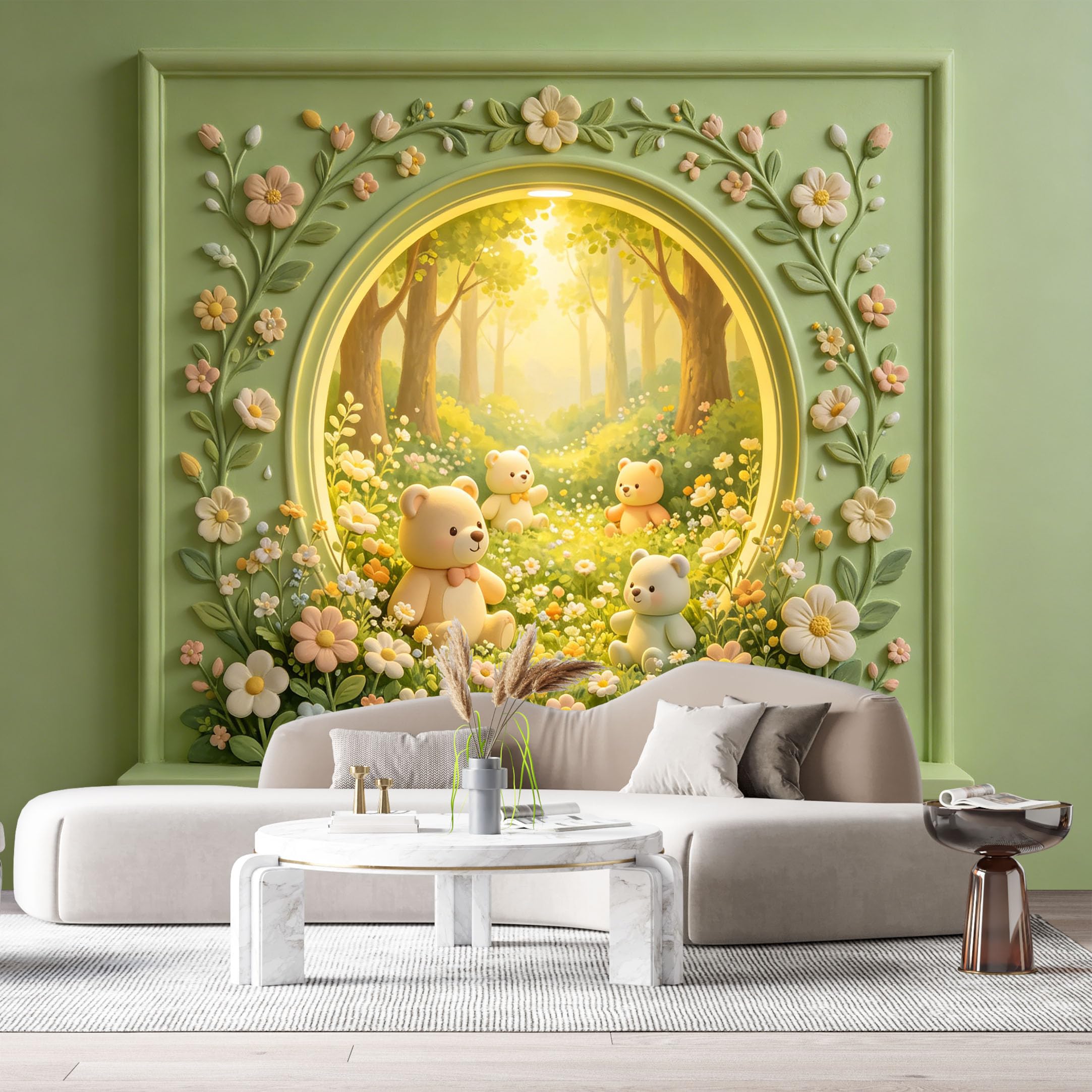 Custom Size Wall Murals Forest Meadow Bears 3D Trompe L'Oeil SelfAdhesiveWall Fabric Removable Wallpaper Wall Decor for Living Room Bedroom Bathroom