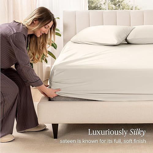 Miniatura 18 de Bare Home 100% Organic Cotton Sateen Fitted Sheet - Smooth Sateen Weave - Breathable & Cooling - Hotel Luxury - Durable Fitted Sheet - Deep Pocket