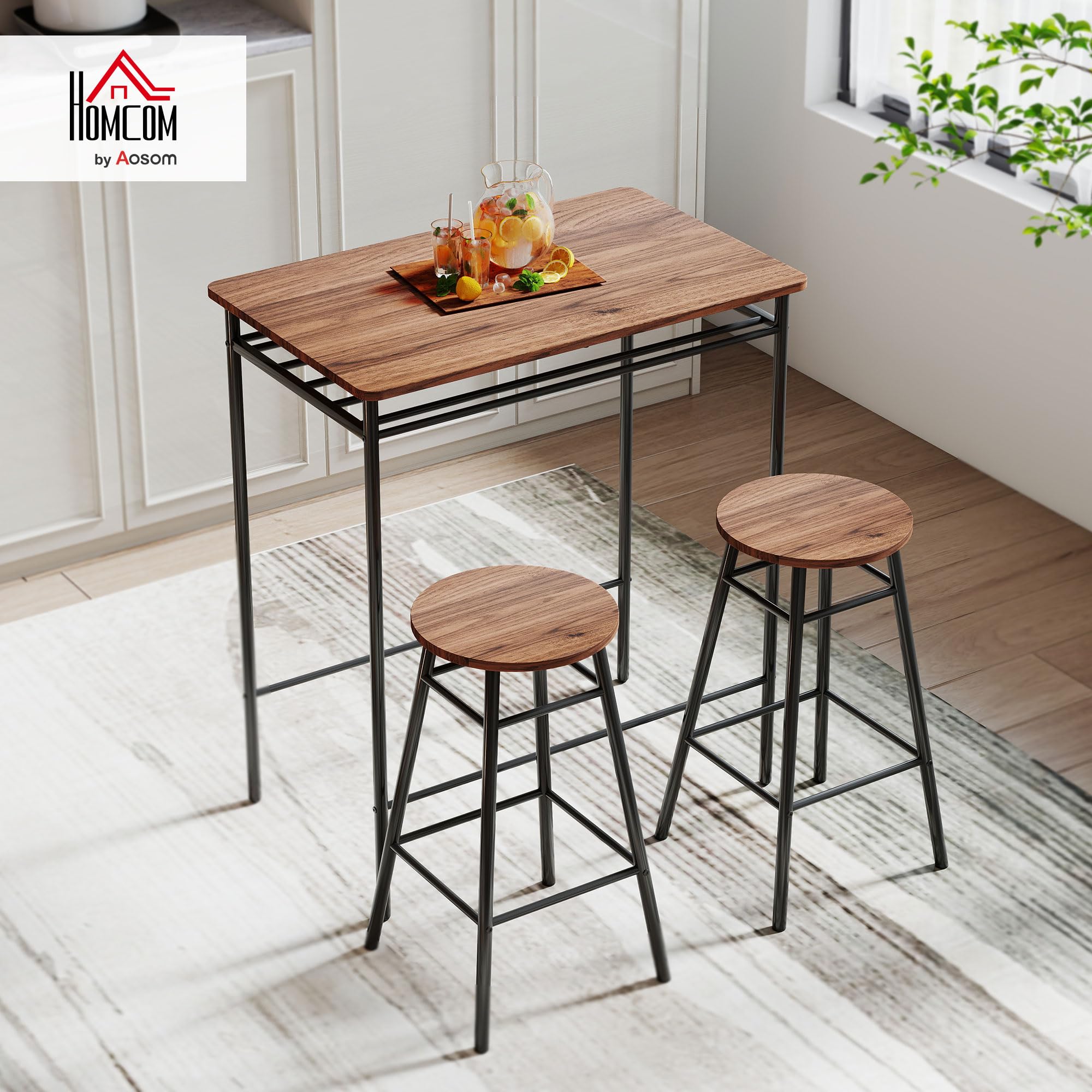HOMCOM Juego de Mesa y Taburetes de Bar, Mesa Alta de Cocina con 2 Taburetes Industrial, Estante Abierto, Reposapiés, Ahorro de Espacio, para Espacios Reducidos, Comedor, Salón, Marrón