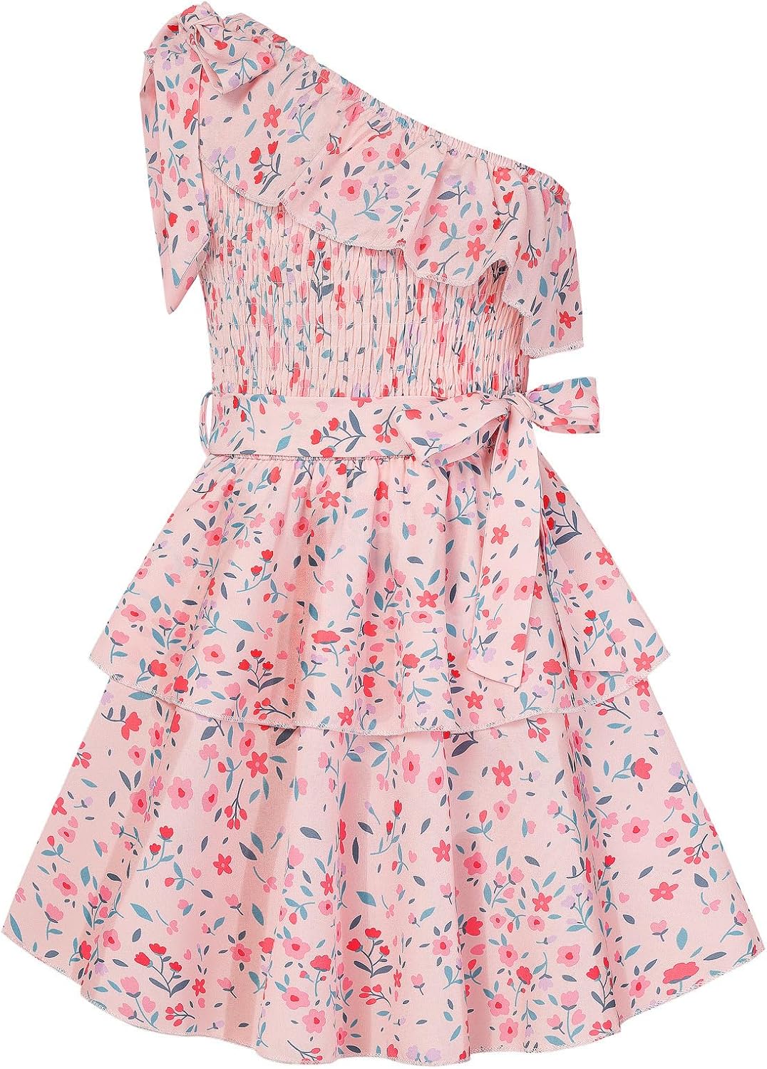 GRACE KARIN Girls Summer Spring Dress Kids One Shoulder Floral Dresses Teen Cute Party Flower 2 Layer Hawaiian Clothes 6-14