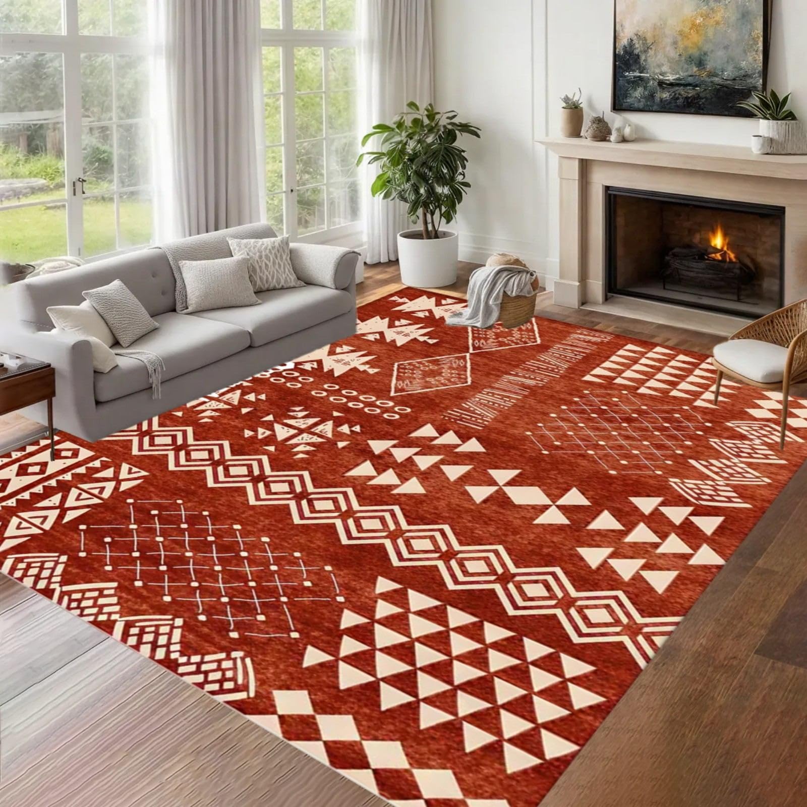 ZLXMN Aztec Series Area Rug 180x260cm Southwest Native Ethnic Machine Washable Rugs Living Room Kitchen Soft Non-Slip Rubber Backed Floor Mats for Indoor Low Pile Burnt Red Orange Carpet