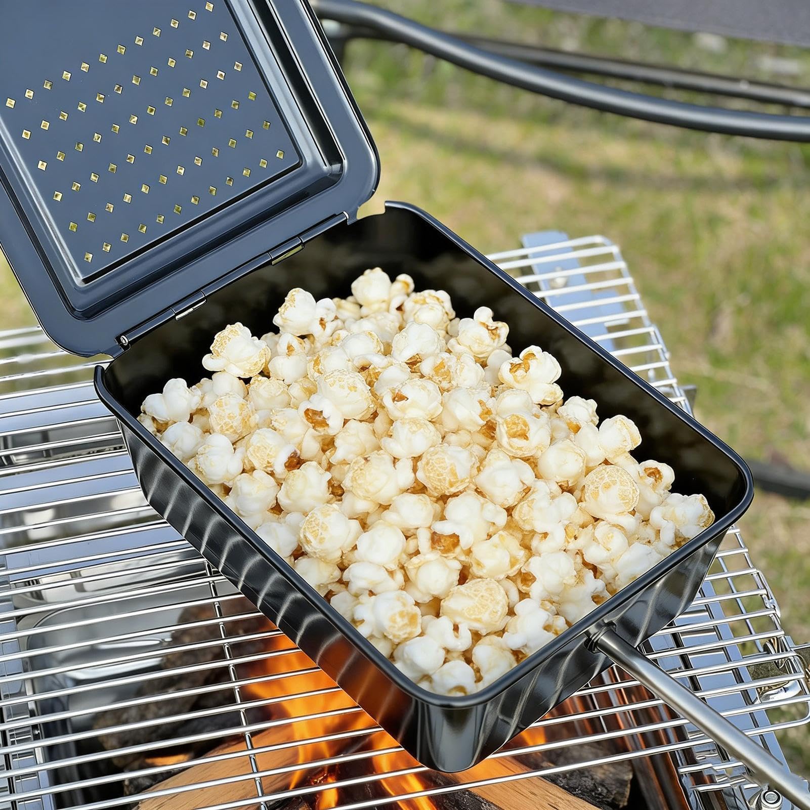 Camping-Popcornzubereiter Antihaftbeschichtetes Klappkochgeschirr | Tragbarer Popcorn-Maker mit langem Griff Für Picknick, Wandern, Reisen, Kochen, Outdoor-Grillen, Barbecue Und Nudeln