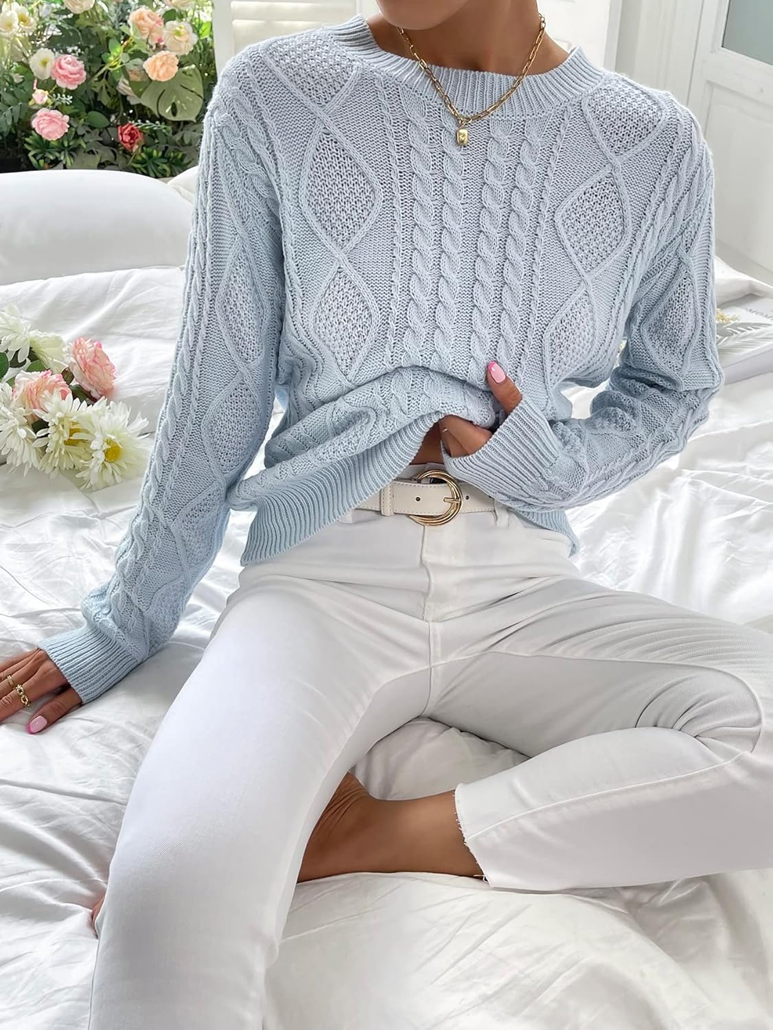 Women's Sweater Round Neck Cable Knit Sweater Sweater for Women (Color : Baby Blue, Size : Large)