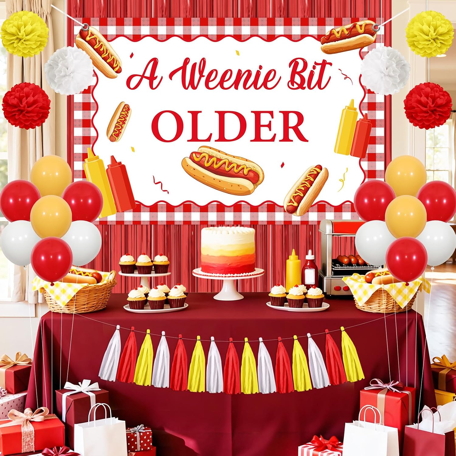 Jollyboom a Weenie Bit Older Birthday Decorations, Hot Dog Decorations Backdrop Balloons Fringe Curtain Tissue Paper Pom Poms Tassel for Women Bridal Shower Wedding Retro Bbq Cookout Party