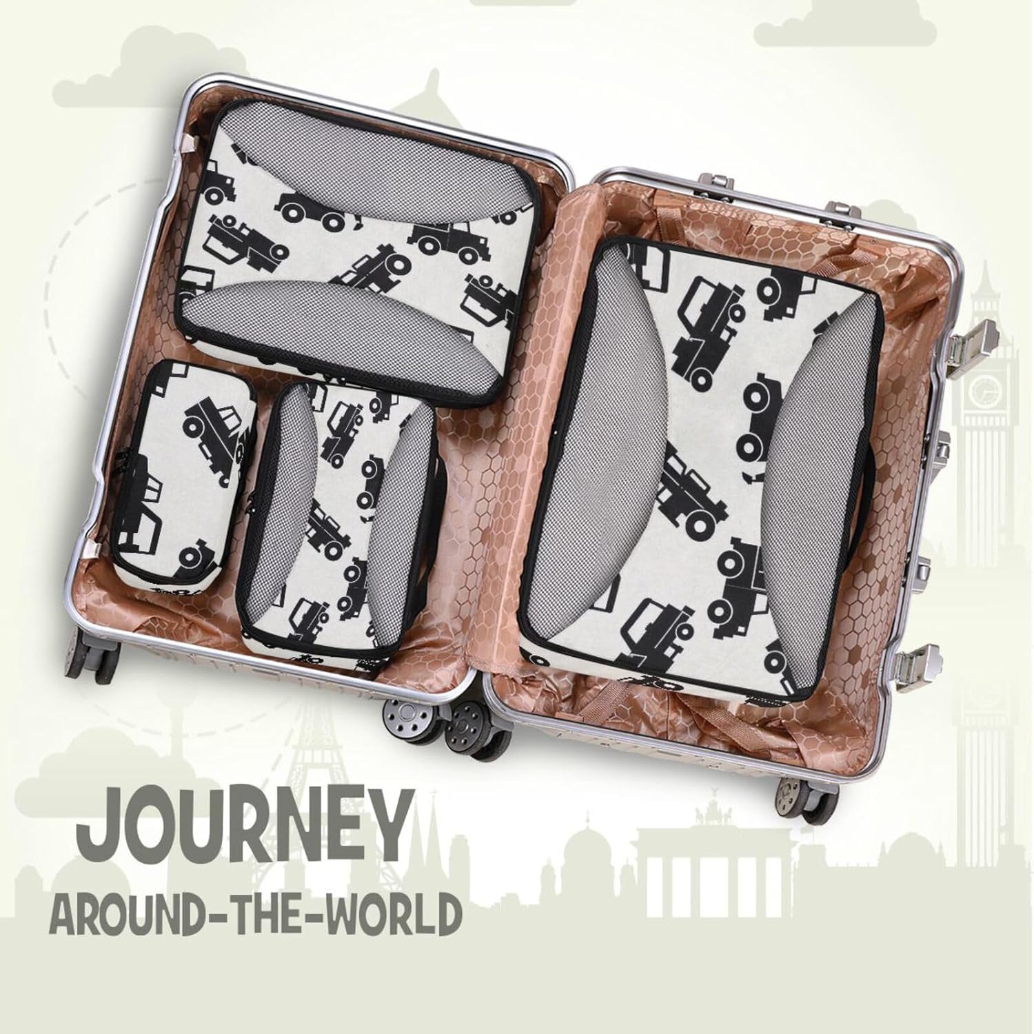 Mechanical Truck Black 4 Pcs set organizer bags set Mesh Travel Essentials expandable packing cubes
