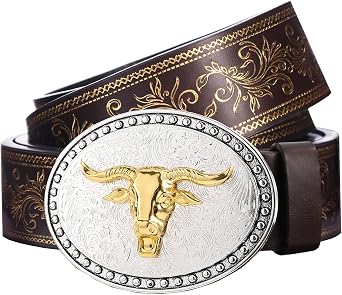 PARTTELY Western Cowboy Belts for Men Women, Western Belt with Bull Buckle, Country Belt Cowboy Leather Belt for Jeans