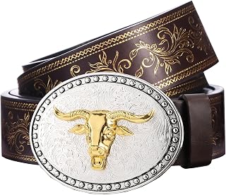 Western Cowboy Belts for Men Women,Western Belt with Bull Buckle, Country Longhorn Bull PU Leather Belt for Jeans