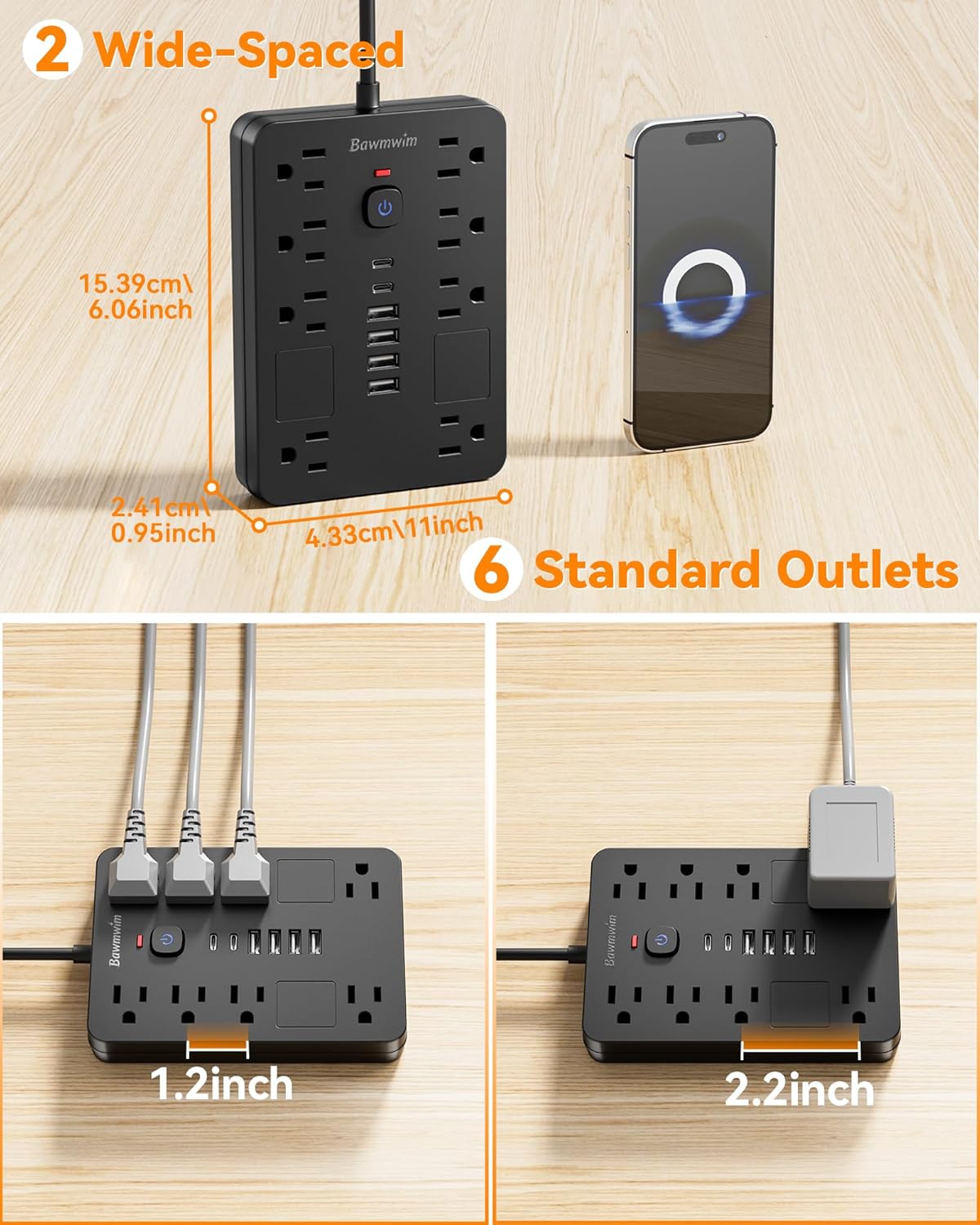Surge Protector Power Strip - 11 Outlets(1850W/15A) with 6 USB Ports(2 USB C), 6/10FT Flat Plug Extension Cord, Wall Mount, Black, ETL Listed for Home, Dorm Room