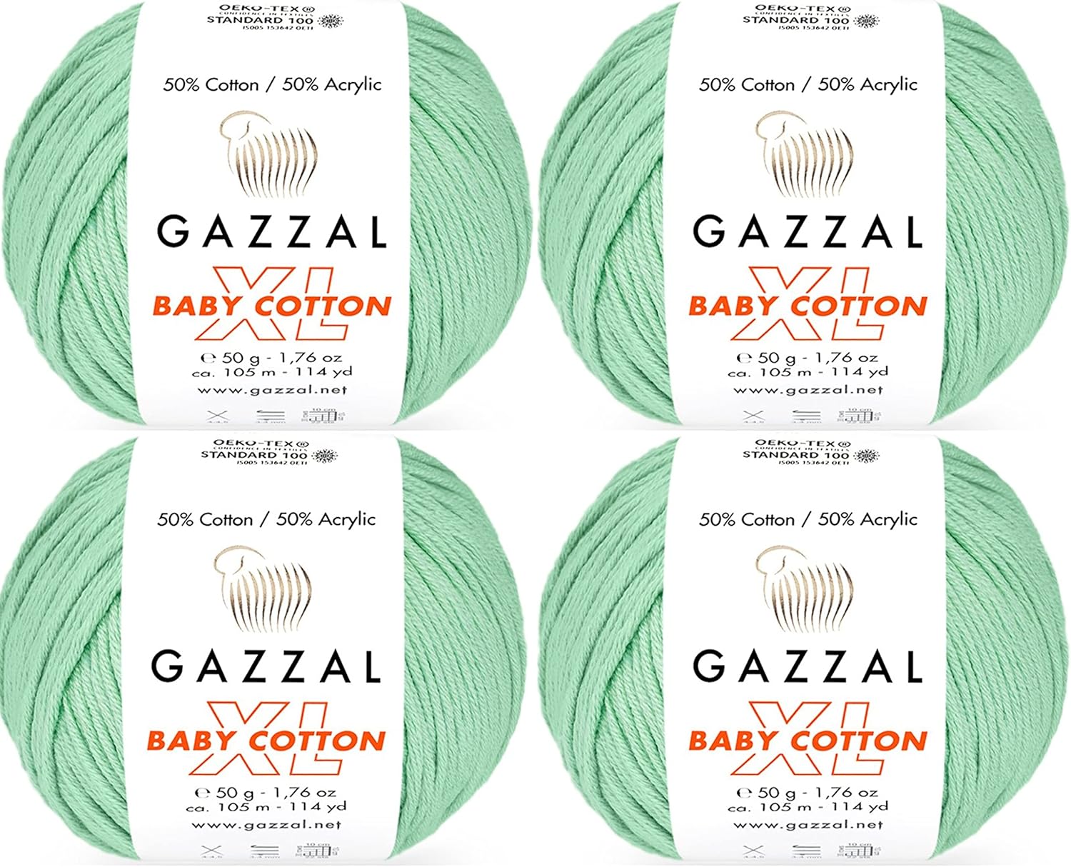 4 Pack (Skein) Gazzal Baby Cotton XL, 50% Soft Cotton 50% Premium Acrylic, Each 1.76 Oz (50g) / 114 Yrds (105m),DK- Worsted GazzalBCXL 0