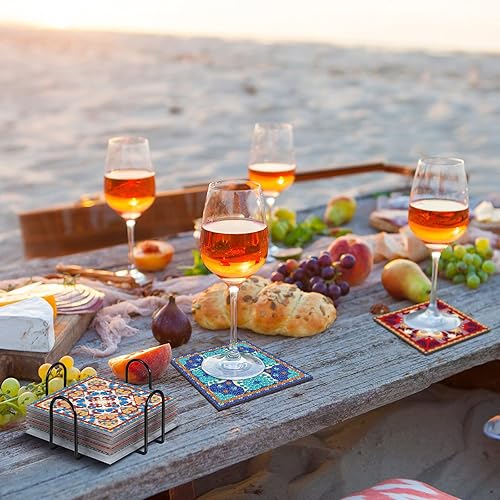 Miniatura 4 de Purpeak 8 posavasos de diamantes para pintar con diamantes, posavasos de mandala con soporte cuadrado bohemio de cachemira de diamantes 5D para