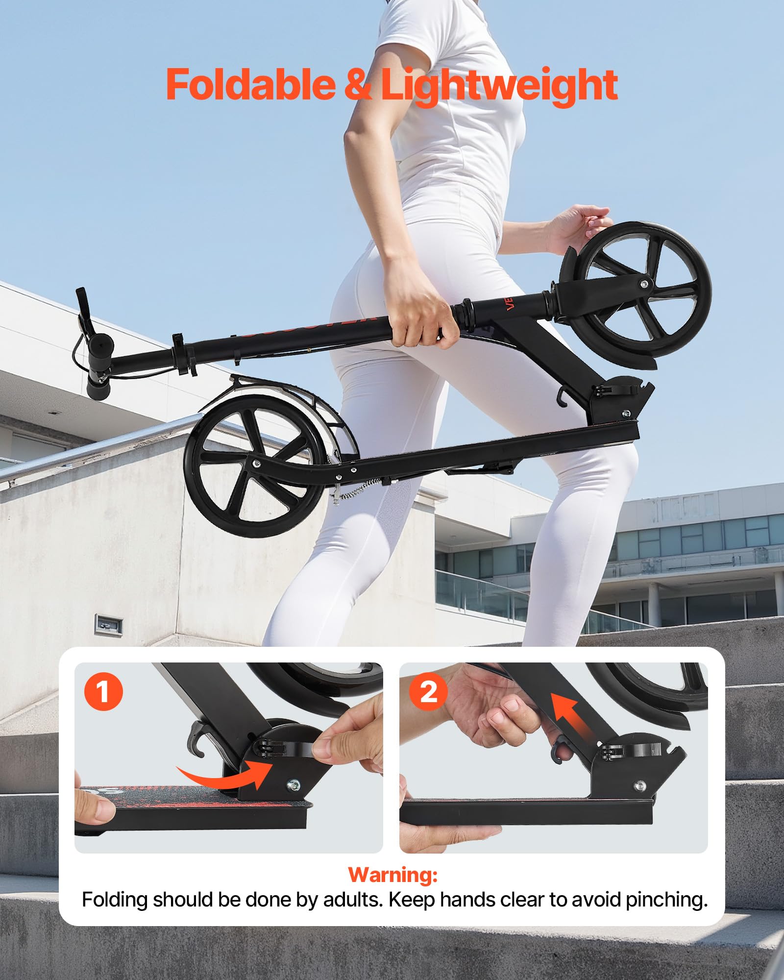 VEVOR Patinete para Niños a Partir de 8 Años, 2 Ruedas, con Manillar Regulable en Altura y Base Antideslizante, Freno de Mano, Marco de Aleación Aluminio, hasta 100 kg, Negro, 900 x 380 x 1000 mm
