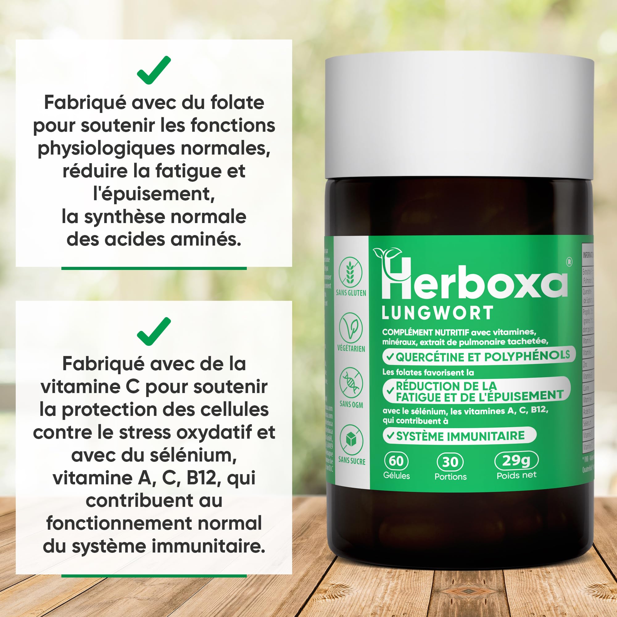 Herboxa Lungenkraut Mehrere Packungen (2 Stück) - mit geflecktes Lungenkraut - Enthält Folsäure, die Müdigkeit und Erschöpfung reduziert, Vitamin C, Quercetin, ProG-Phen - 60 Kapseln