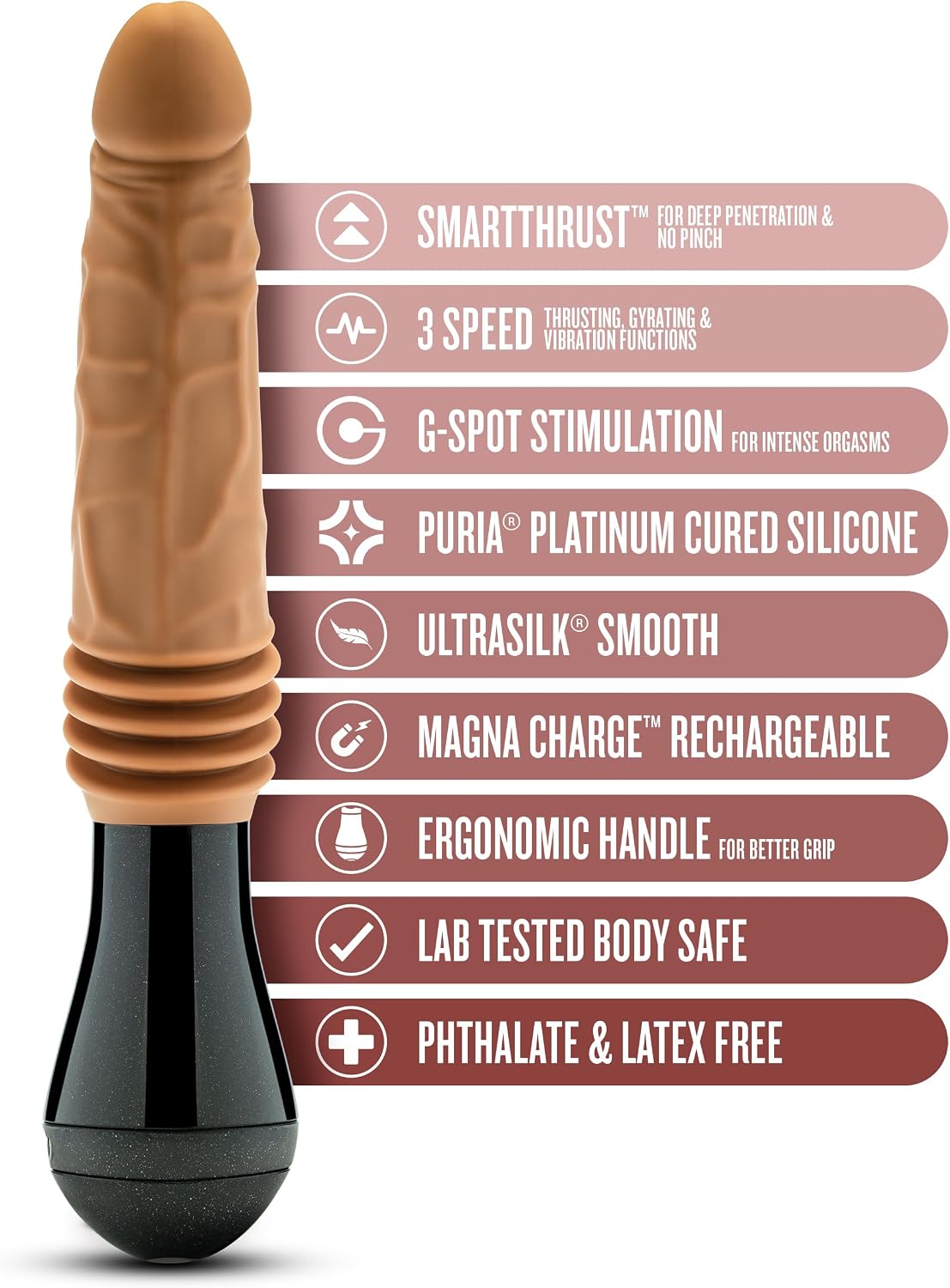 Blush Dr. Skin Dr. Arthur 10.5" Large Vibrating, Gyrating & Thrusting Dildo - Silicone Cock for G-P Spot Pleasure Stimulation w/ 3 SmartThrust Speeds - Magna Charge - Women Couples Adult Sex Toy - Tan