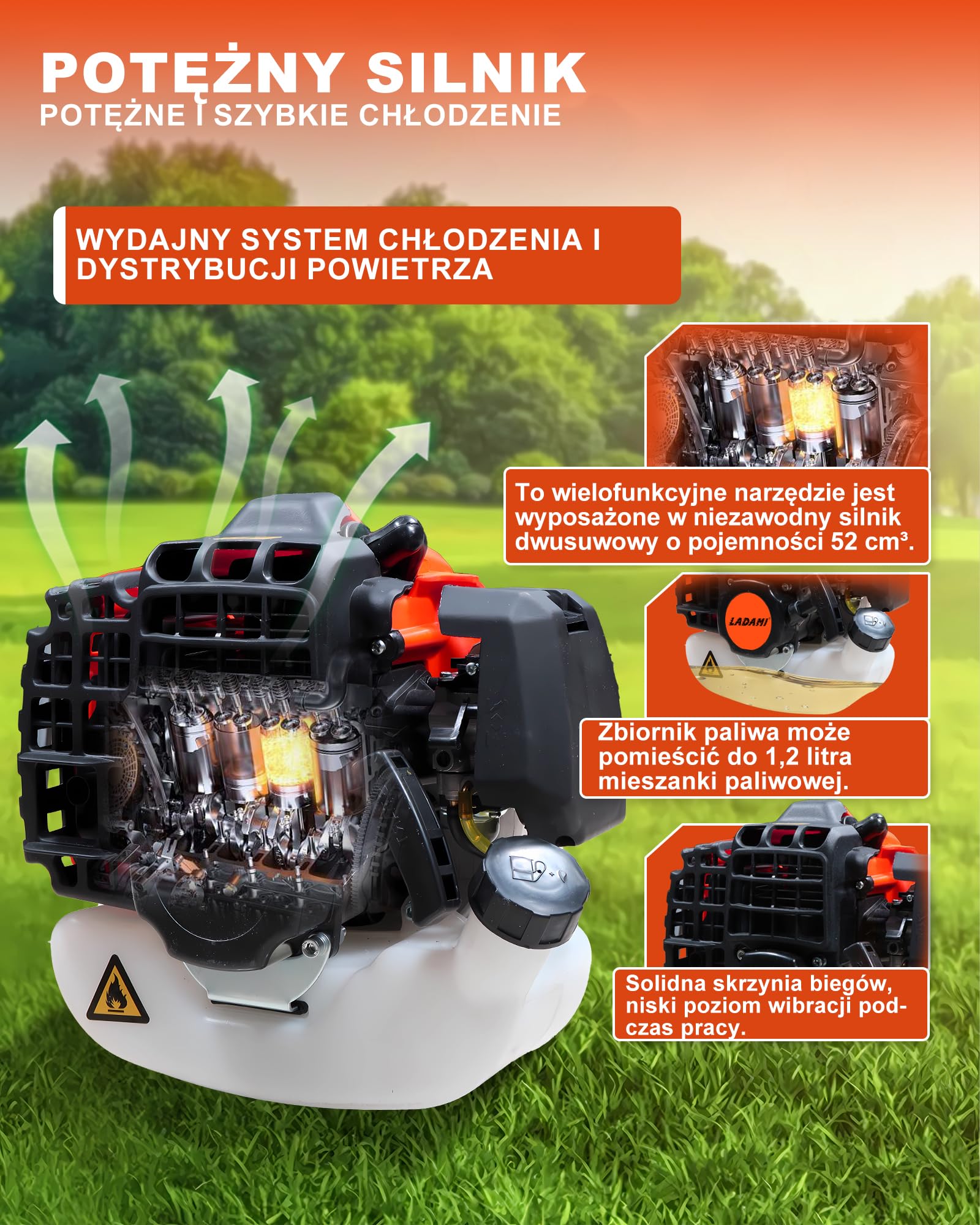 Kosa spalinowa 52 cm³, 2-suwowa, z trymerem benzynowym i podkaszarką, nożyce do żywopłotu, piła łańcuchowa 3 KM, 2-suwowe urządzenie ogrodowe, wydajne i energooszczędne