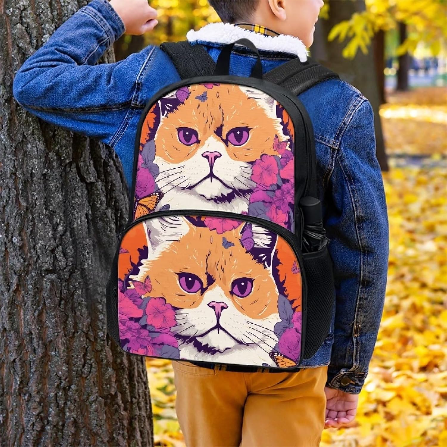 Orange Floral Butterfly Cat Print Backpack for Girls Middle Elementary School Student Lightweight Durable Basic Bookbag with Front Pocket Large Capacity 17 Inch Kids Cute Backpack