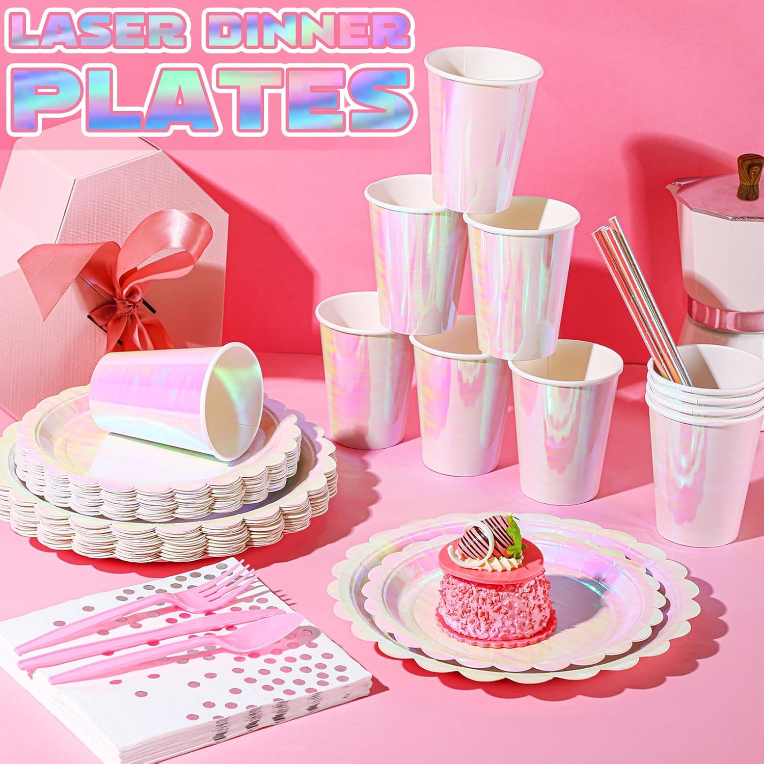 Jinei 200 Pcs Pink Spa Party Supplies Serve 25, Disposable Pink Iridescent Scalloped Paper Plates Napkins Tableware Set for Witch Princess Themed Birthday Sleepover Slumber Party