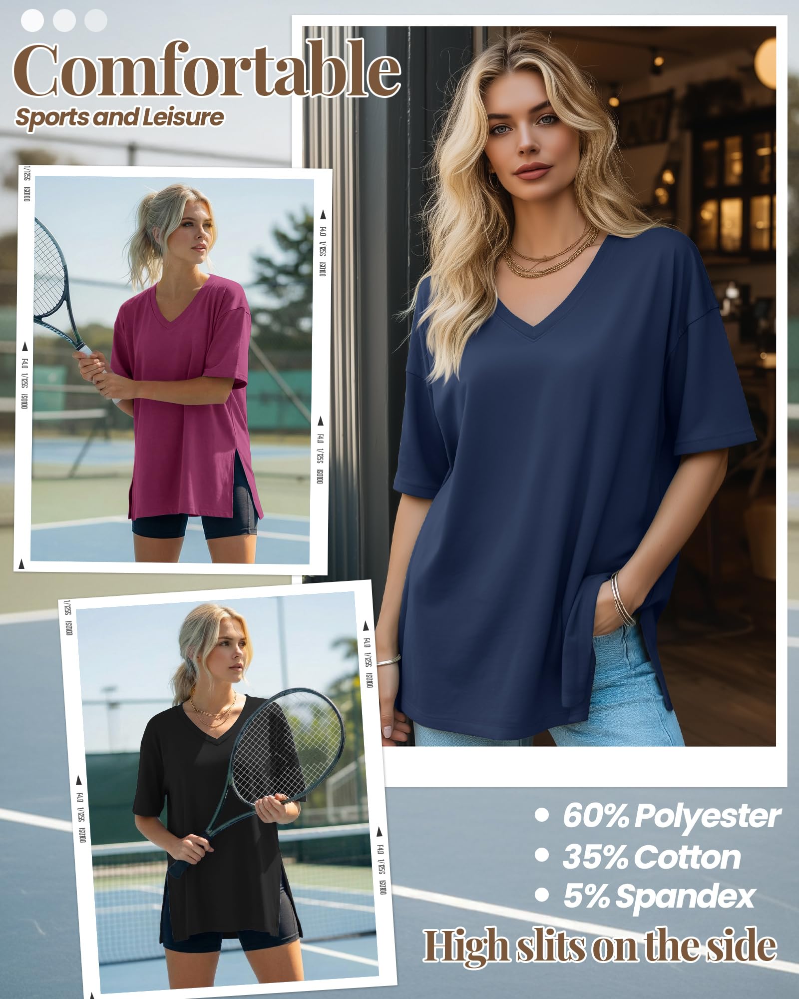 Geyoga Lot de 3 T-Shirts Oversize pour Femme, col V, Maille décontractée, Manches Courtes, Fentes latérales, Coupe Ample, Tuniques Tendance