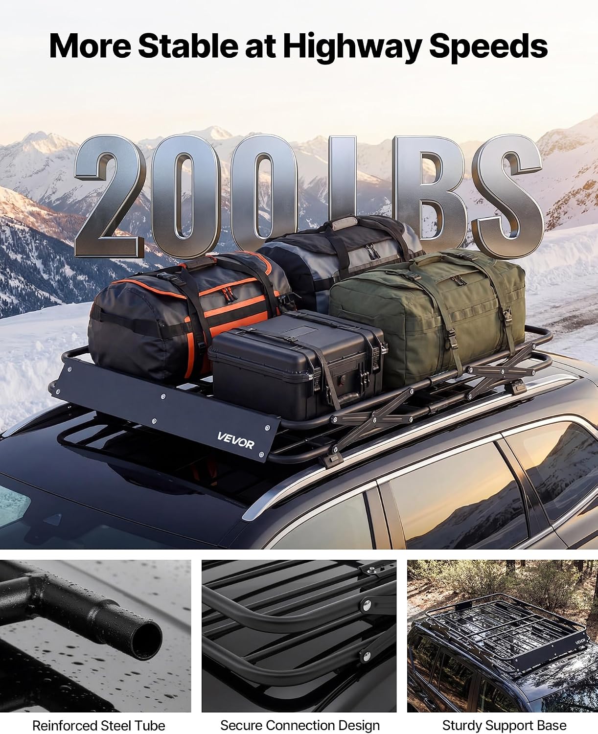 VEVOR Roof Rack Cargo Basket, 46 x 36 x 4 in, Heavy Duty Roof Top Carrier Basket with Folding Design, 200 lbs Capacity, All-Weather Easy-Install Car Top Luggage Holder, Universal Fit for SUV Truck Car
