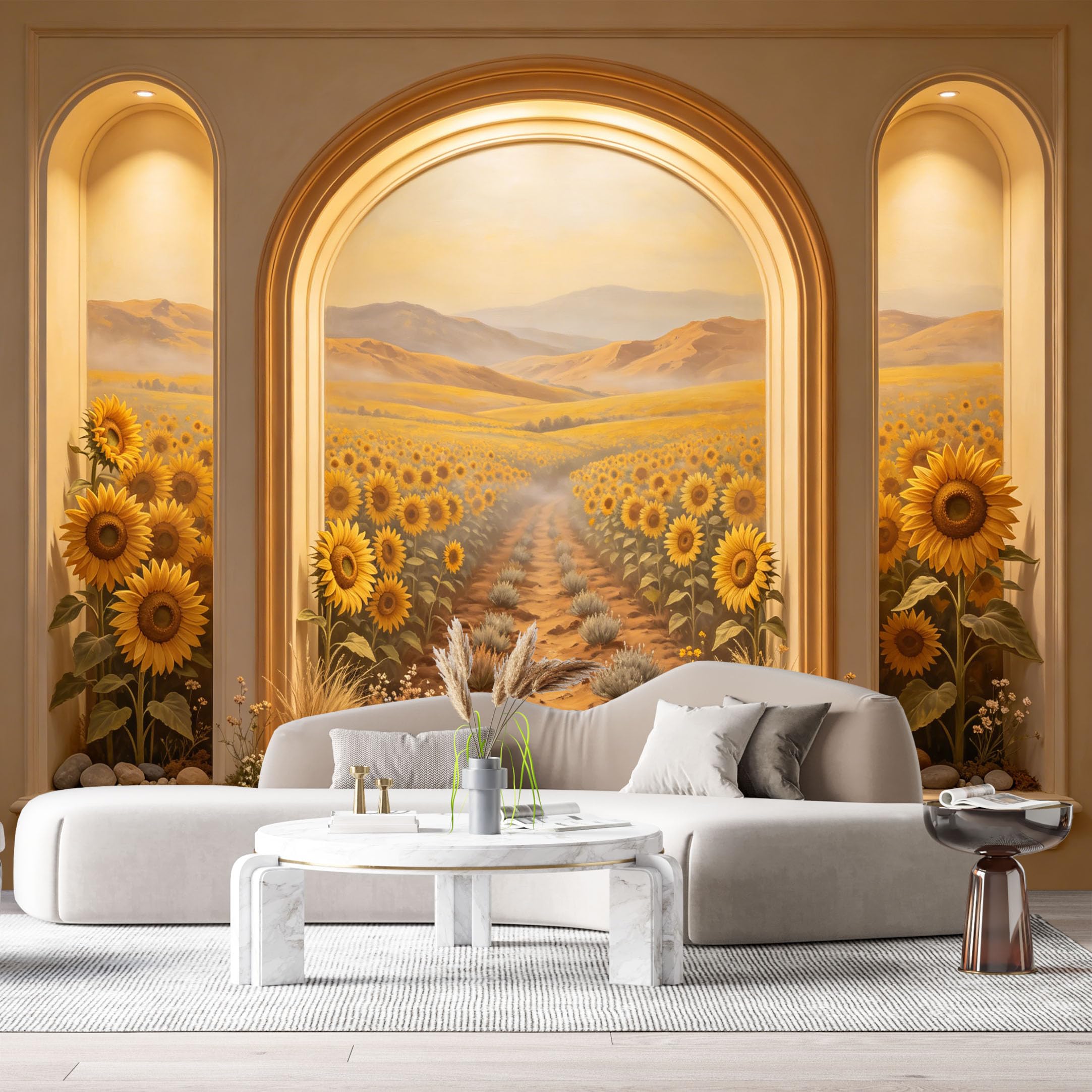 Custom Size Wall Murals Sunflower Field Farmhouse Landscape Oil Painting 3D Trompe L'Oeil SelfAdhesiveWall Fabric Removable Wallpaper Wall Decor for Living Room Bedroom Bathroom