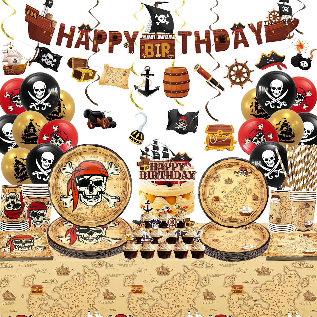 Pirate Party Decorations-20 Guests-Include Plates, Cups, Napkins, Tablecloth, Banner, Cake Topper, Hanging Swirls for Kids Boys Birthday Treasure Party Decor