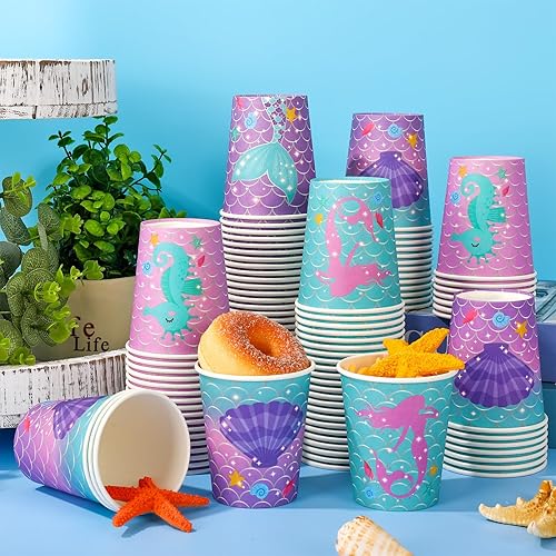 Miniatura 4 de Whaline 100 vasos de papel de sirena de 9 onzas, vasos de papel de animales marinos, tazas de té de café y océano de verano, tazas desechables para