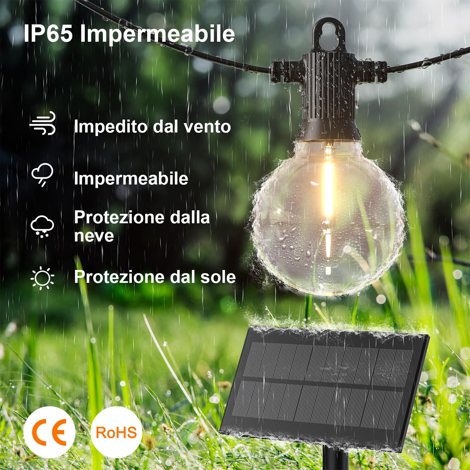 Kawaya - Ghirlanda di luci LED solari per esterni, lampadine G40, bianco caldo, con pannello solare, impermeabile, grado di protezione IP65, con 25+2 lampadine G40 resistenti alle rotture, bianco
