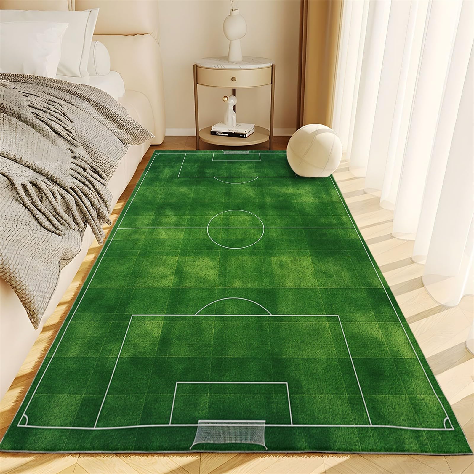Tapis de salon lavable en machine 80 x 150 cm vert, coureur faible poil antidérapant avec imprimé rayures vertes terrain de football - tapis chambre pour la chambre à coucher le bureau à domicile