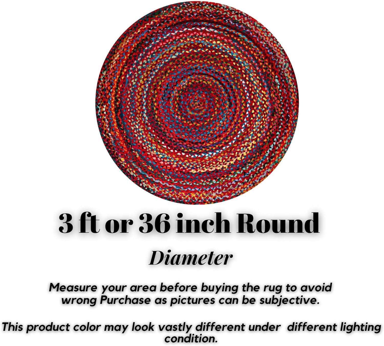 Chindi Rug 3 Ft Round Area Rugs, Woven Multicolor, Bohemian, Recycled Cotton Colorful Braided Rugs for Living Room, Farmhouse, Bedroom, Dining Room, Classroom, Hallway - Round Rug 3ft