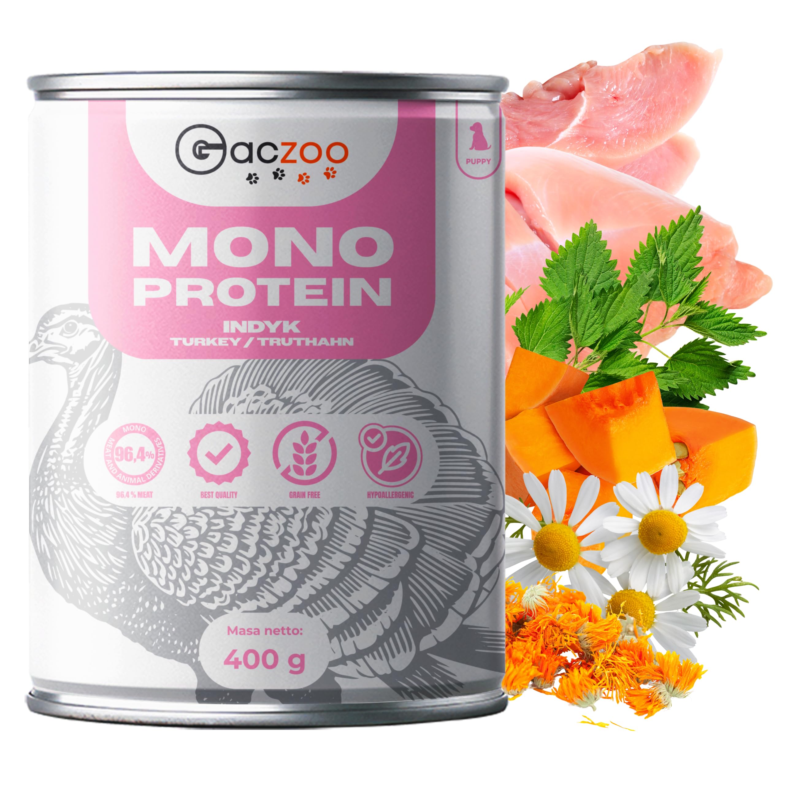 Hundefutter Nass - Hypoallergenes Welpen Nassfutter - Pute - Welpenfutter Getreidefrei, Single Protein - Leicht Verdaulich, für empfindliche Hunde - Mono Protein Ultra 12 Dosen