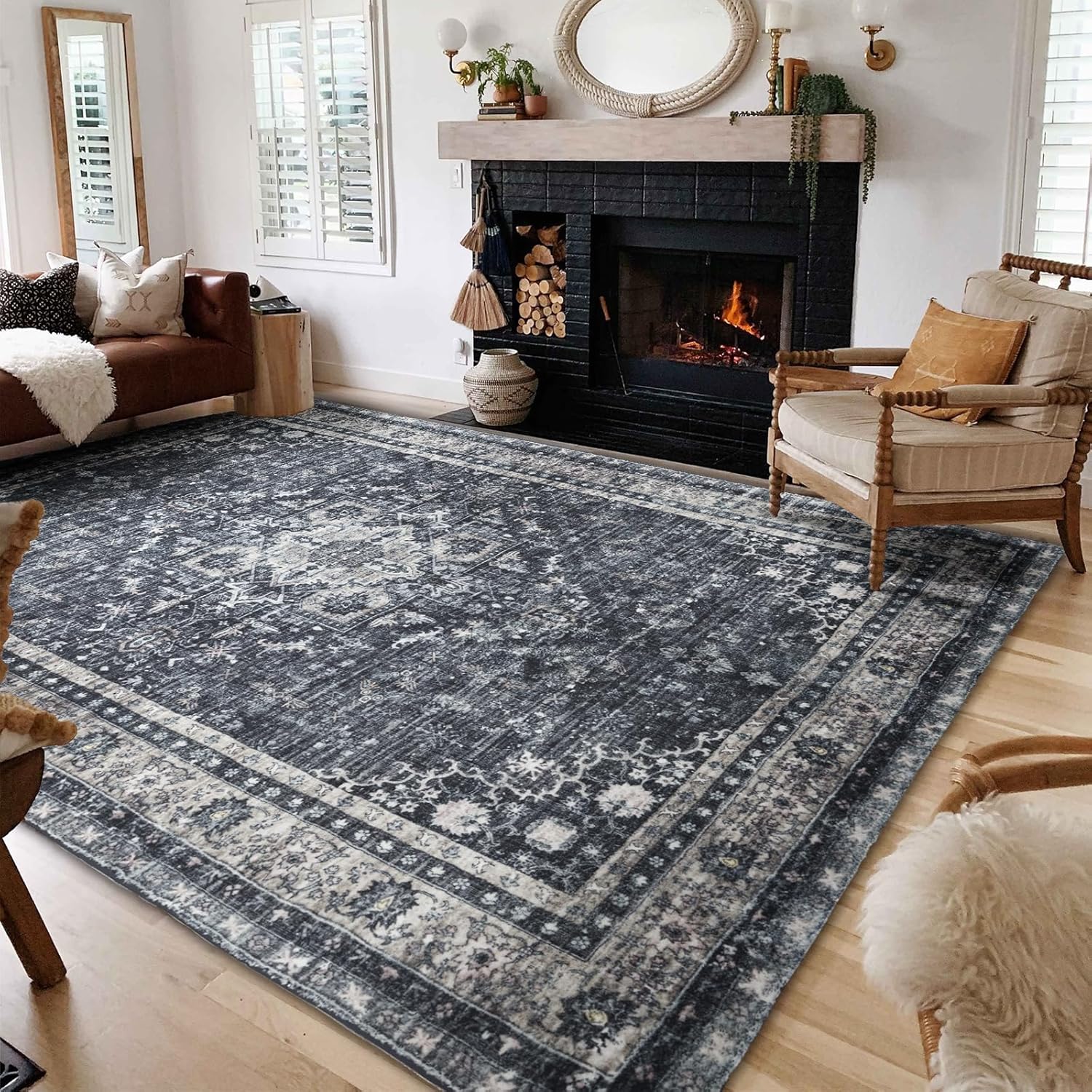 Area Rug for Bedroom Living Room, Washable Non-Slip Foldable Waterproof, Plush Soft for Office Dining Room Kids, Fluffy Easy to Clean, Decor Aesthetic Dark Gray, 8'×10' Dark Gray 8'×10'