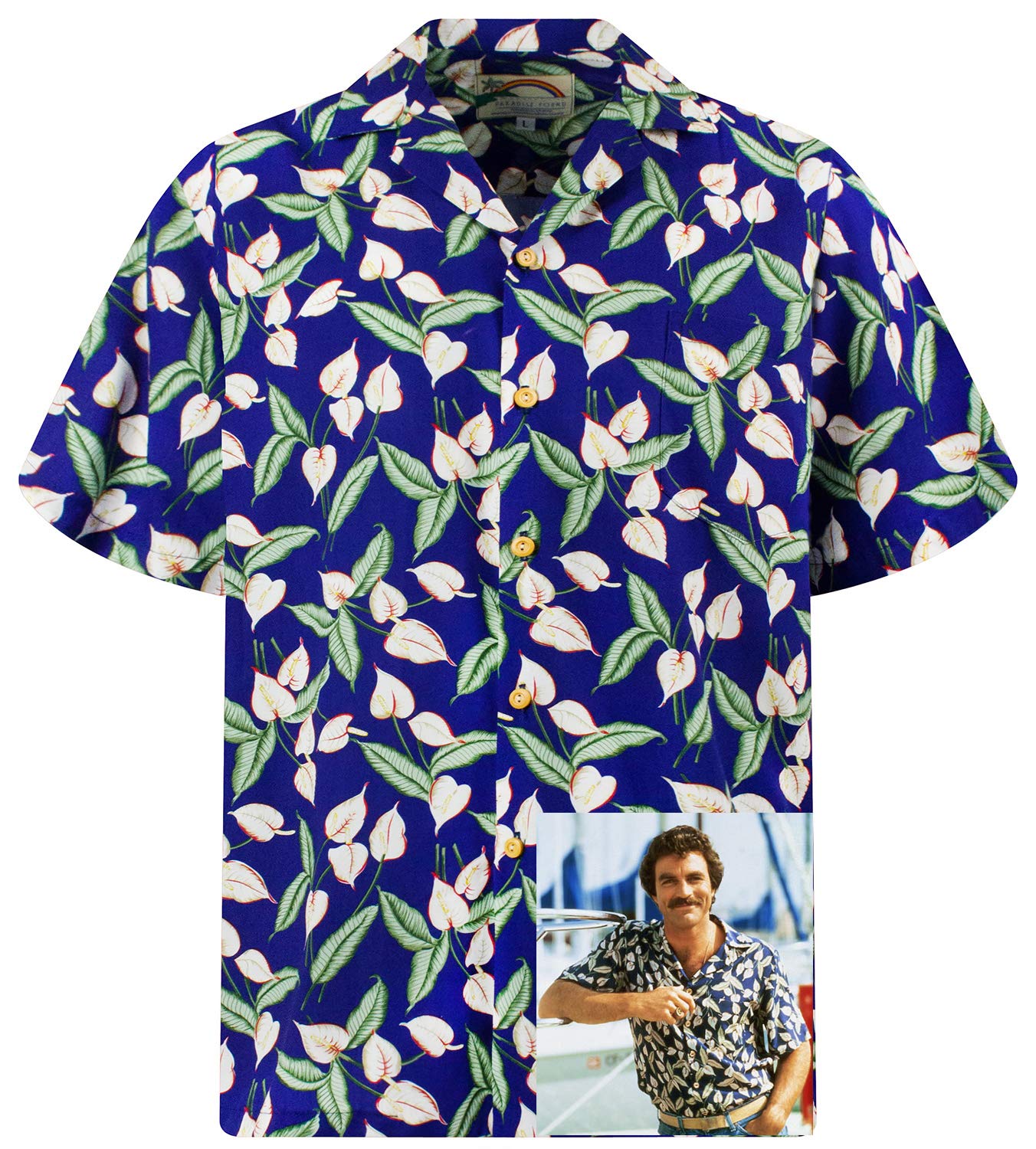 Paradise Found Men's Green Leaves Blue Tom Selleck Original Hawaiian Shirt, Shortsleeve, Green Leaves On Blue New, Blue, L