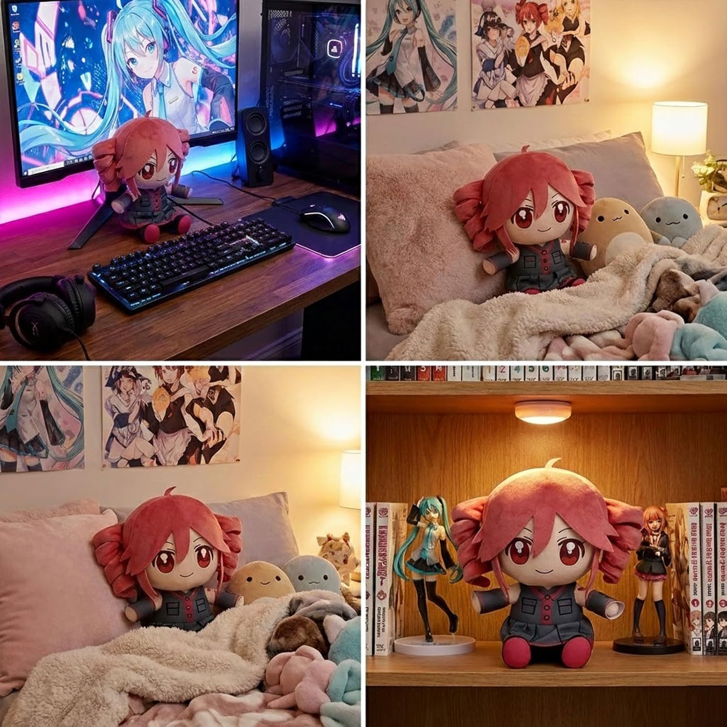 Collectible Pink Drill Twin Tail Girl Plush 22cm, Cute Anime Plush Character with 3D Twin-Drill Hair, Red and Black Outfit Figure Stuffed, Soft Anime Plushie Pillow Gift for Fans & Collectors