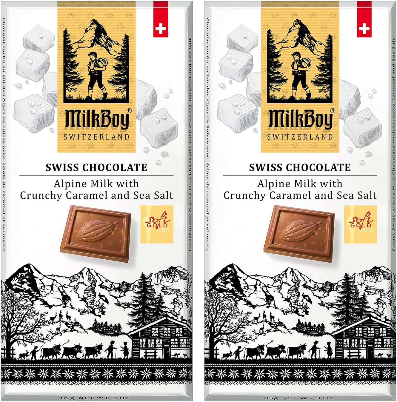 Milkboy Swiss Chocolates Milk Chocolates - Alpine Milk Chocolate Bars with Crunchy Caramel Sea Salt - Gluten-Free Non-GMO All Natural - Made in Switzerland - 3 oz, Pack 2