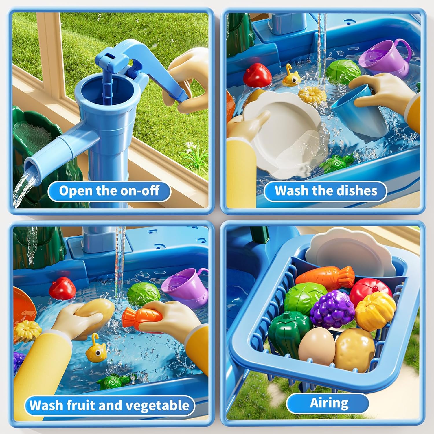 Water Table Play Sink Toy for Kids 2 3 4 5 6 Years Old - Outdoor Kitchen with Running Water, Fishing Games, Toddler Water Play Table for Kids Ages 3-8, Beach Outdoor Toys, Birthday Gifts 2+ 3-5 (Blue)