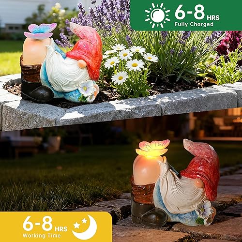 Miniatura 5 de TSTGEE Gnomos decoración de jardín luces LED solares al aire libre divertido gnomo decoración con mariposa impermeable para el hogar, arte de patio,